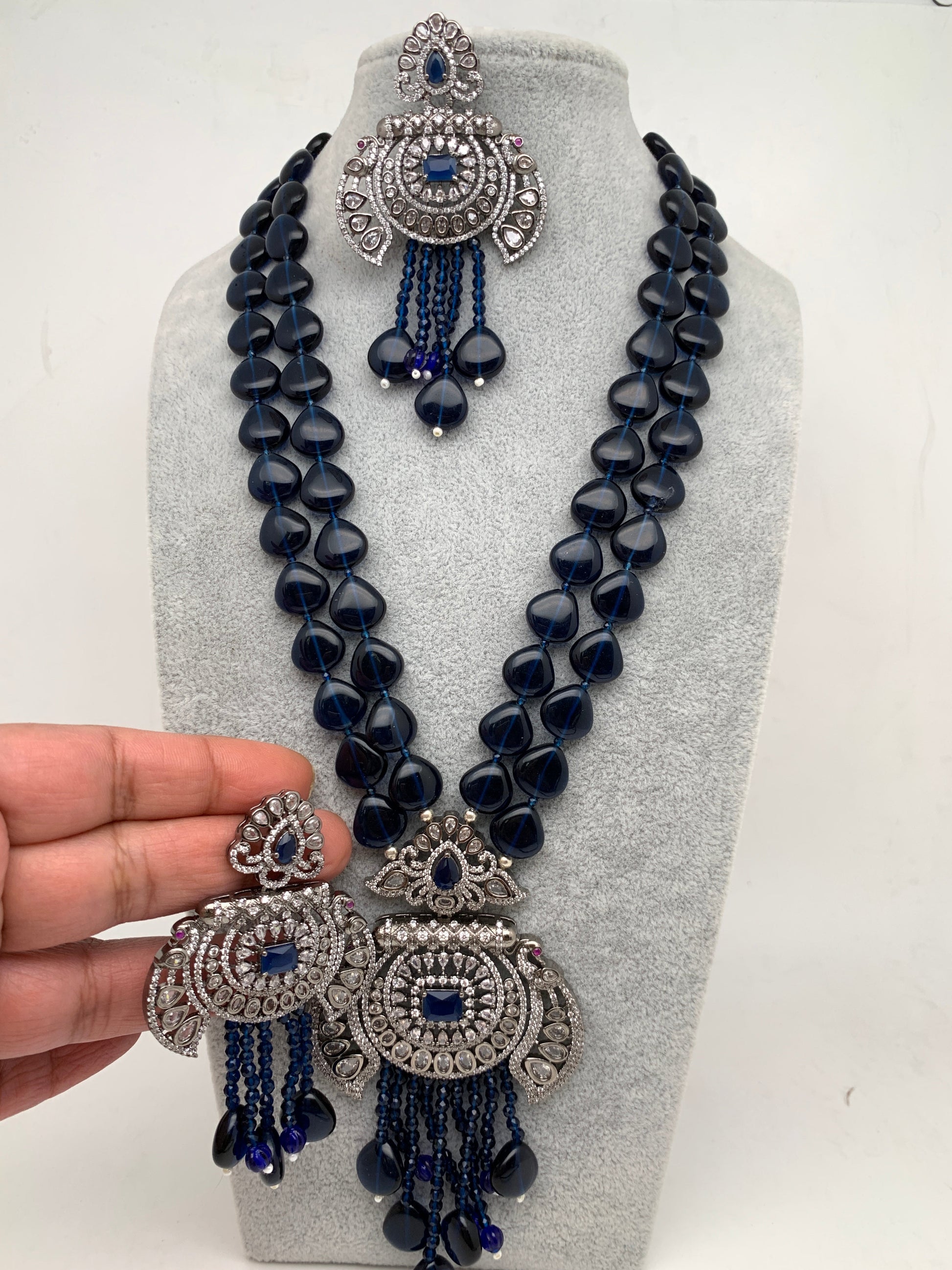 Victorian Pendent Blue Beads Long Mala Necklace