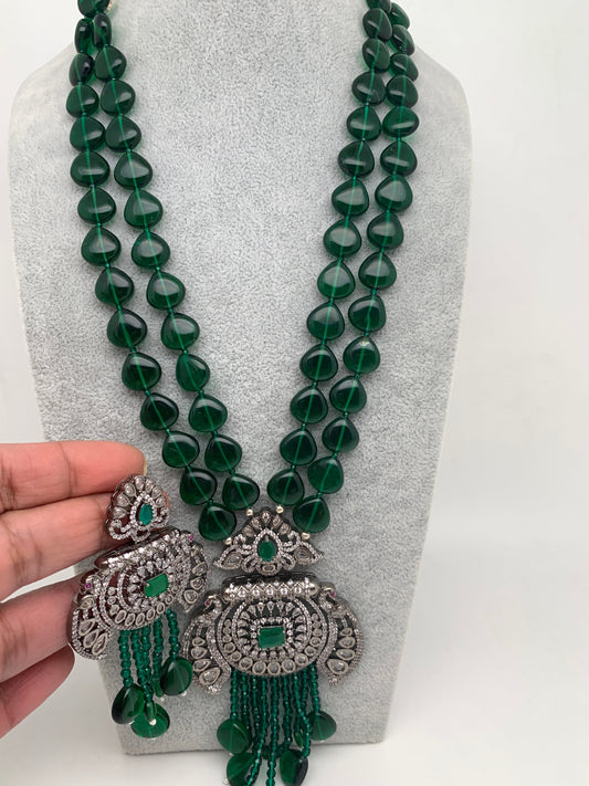 AD Green Stone Green Beads Victorian Pendent Green Beads Long Mala