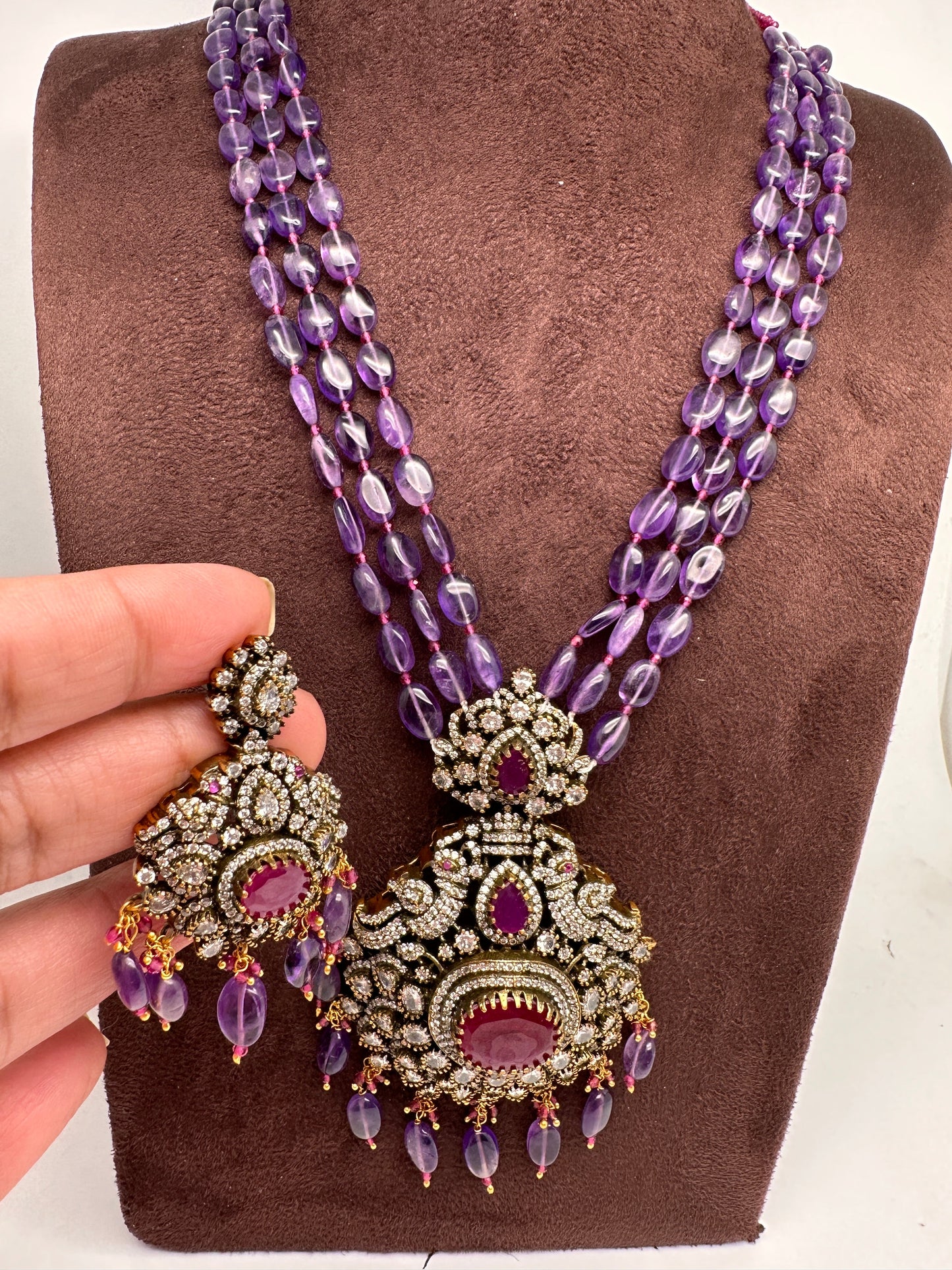 Polki Victorian Finish Beads Rani haar - Purple