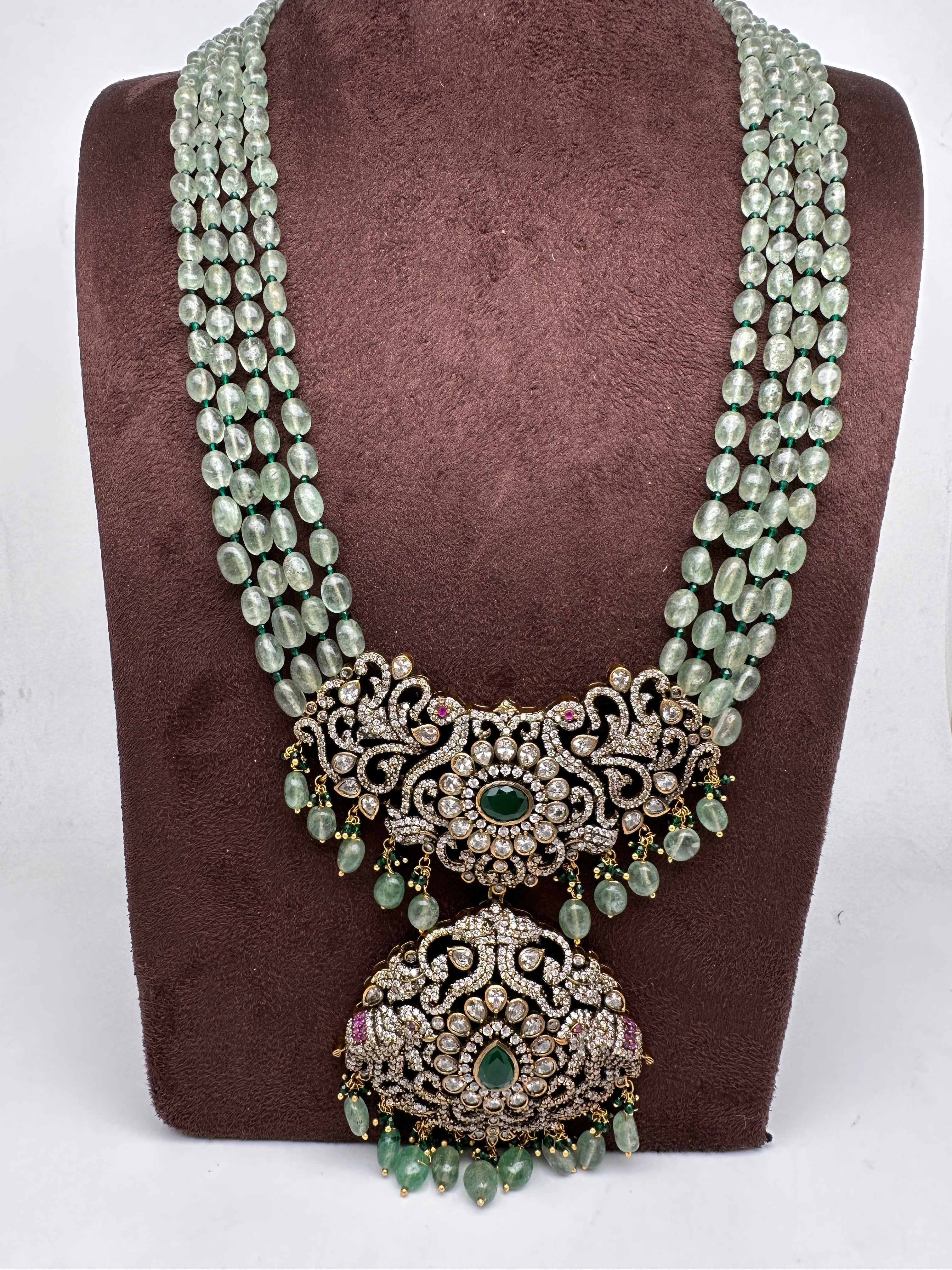 Lakshmi Design Ruby Emerald Stone Pendant with Beads Necklace India  Jewellery Saree Salwar
