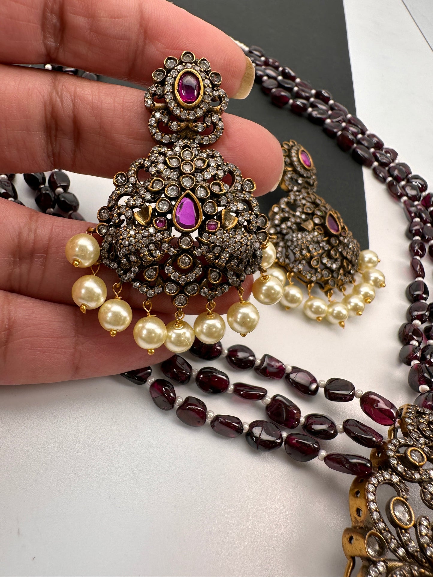 Elephant Design Polki Antique Victorian Finish Maroon Beads Rani haar