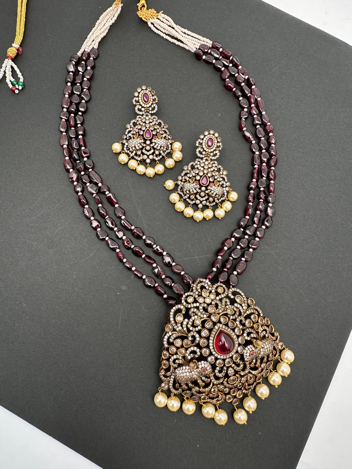 Elephant Design Polki Antique Victorian Finish Maroon Beads Rani haar