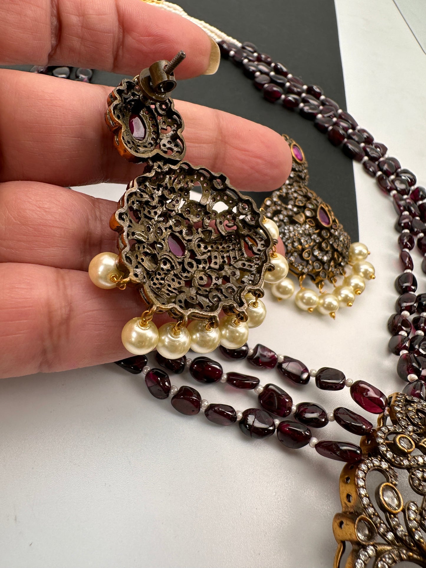 Elephant Design Polki Antique Victorian Finish Maroon Beads Rani haar