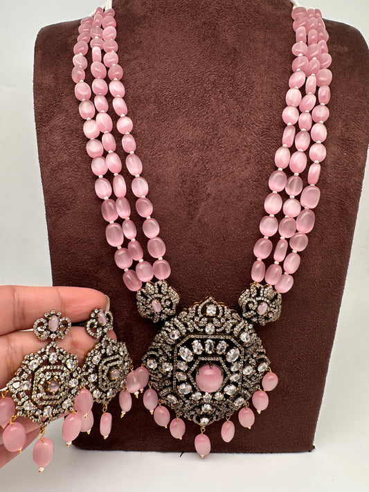 Polki Antique Victorian Finish Beads Rani haar - Pink