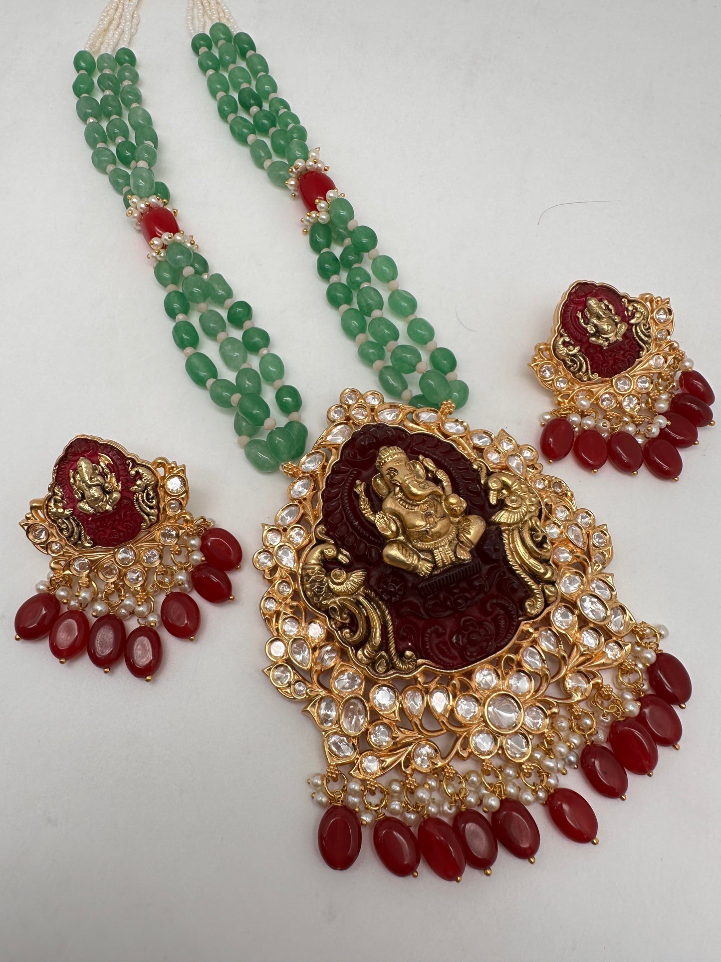 Nakshi Ganesha Kundan Green Beads Necklace