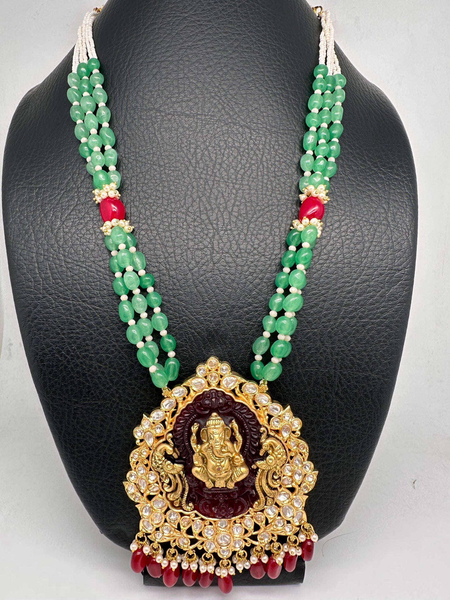 Nakshi Ganesha Kundan Green Beads Necklace