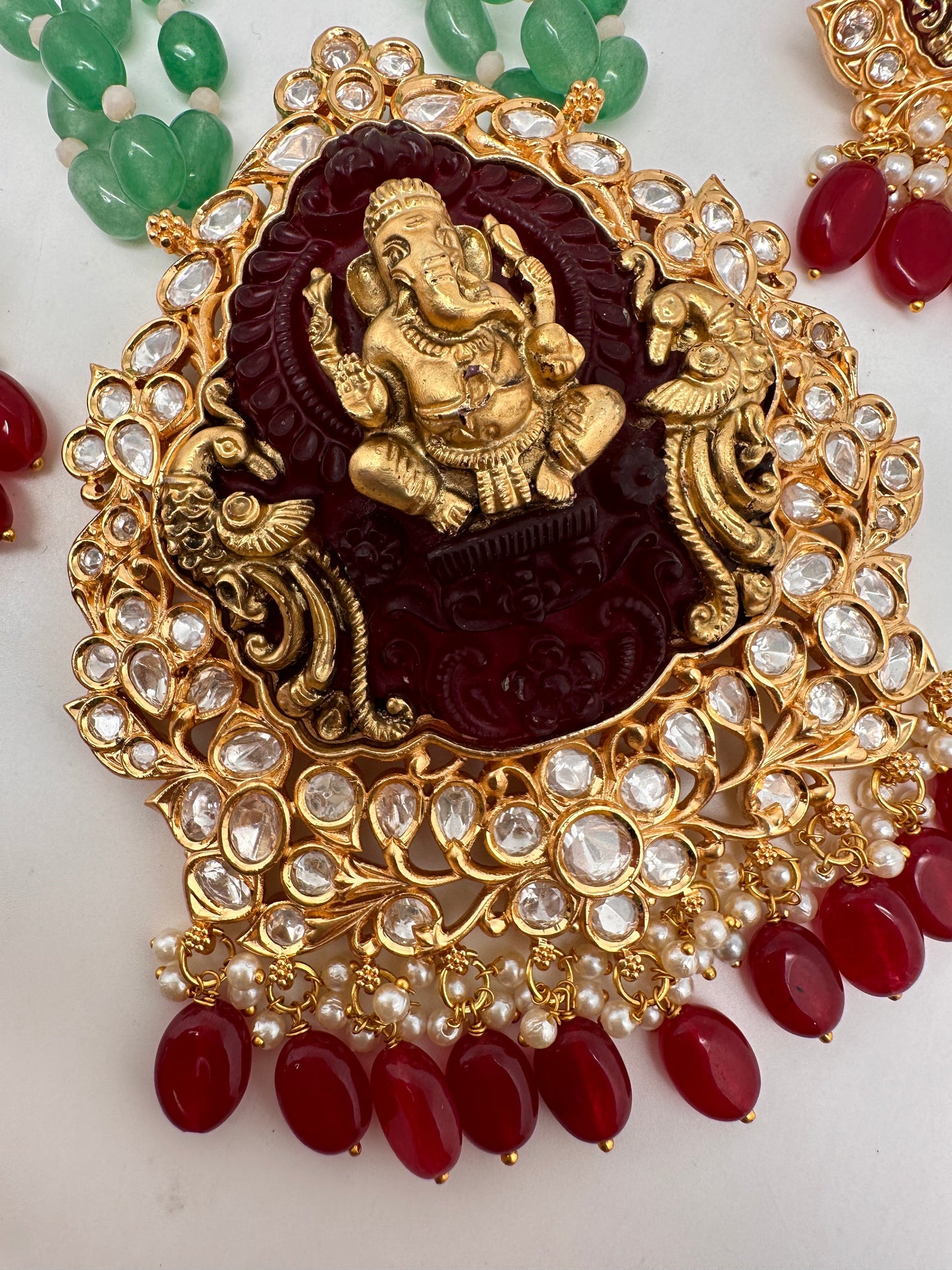 Nakshi Ganesha Kundan Green Beads Necklace