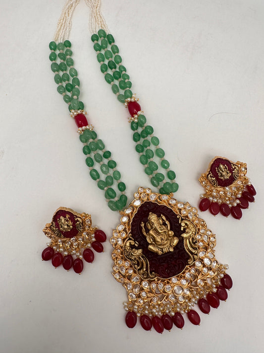 Nakshi Ganesha Kundan Green Beads Necklace