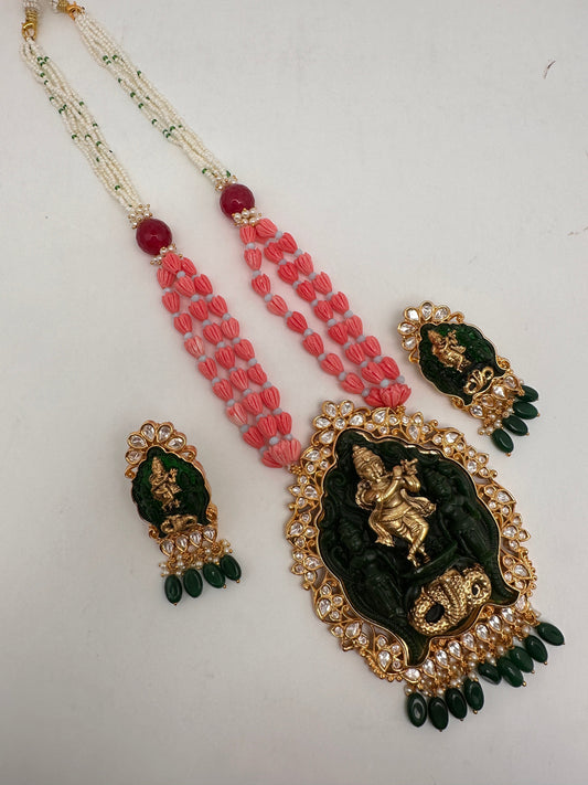 Nakshi Krishna Kundan Green Beads Necklace