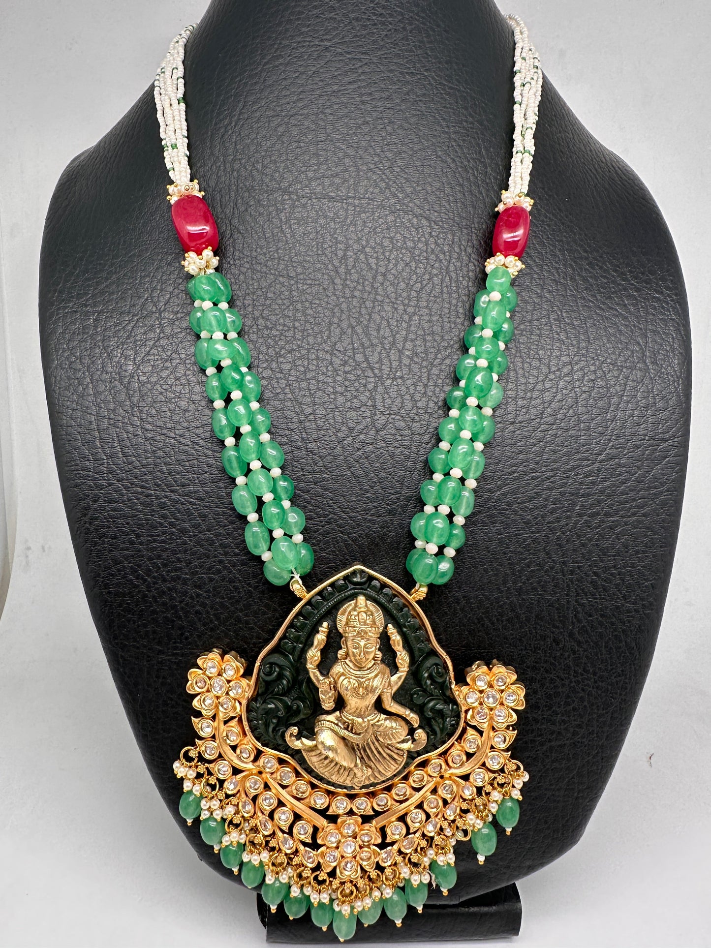 Nakshi Goddess Lakshmi Kundan Green Beads Necklace