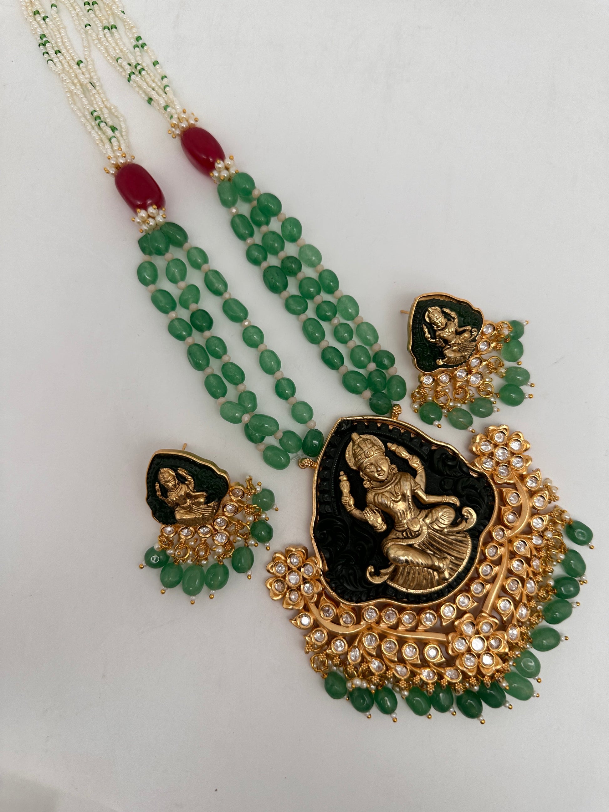 Nakshi Goddess Lakshmi Kundan Green Beads Necklace