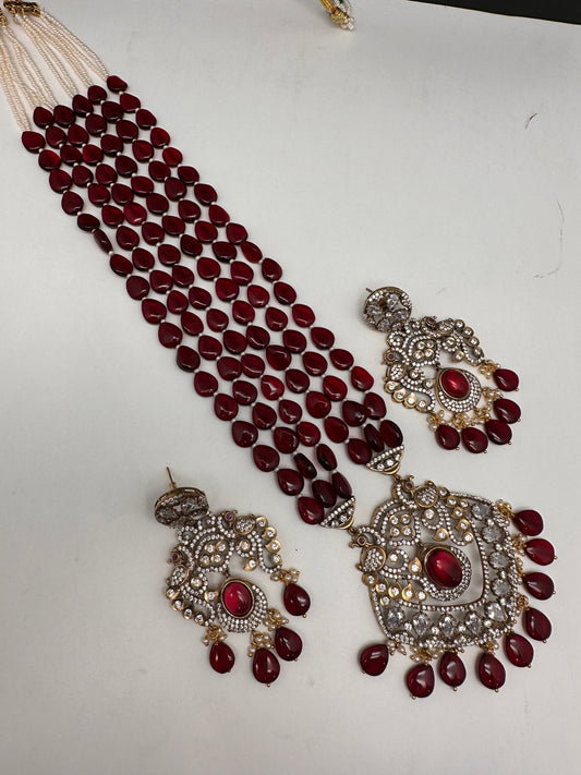 Victorian Moissanite Marron Red Beads Long Necklace