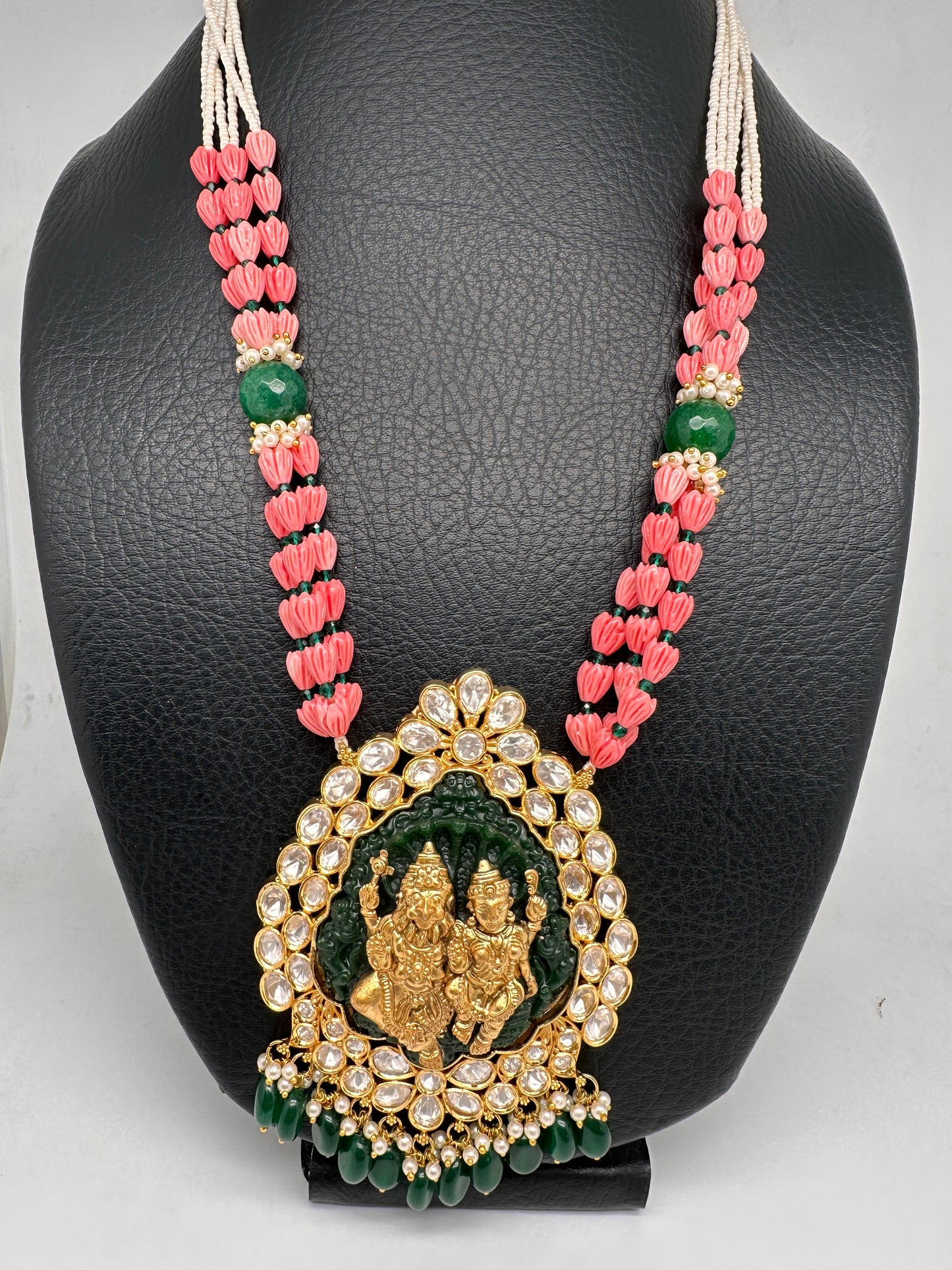 Nakshi Narasingh Avatar Kundan Carved Green Stone Pink Tulip Beads Necklace