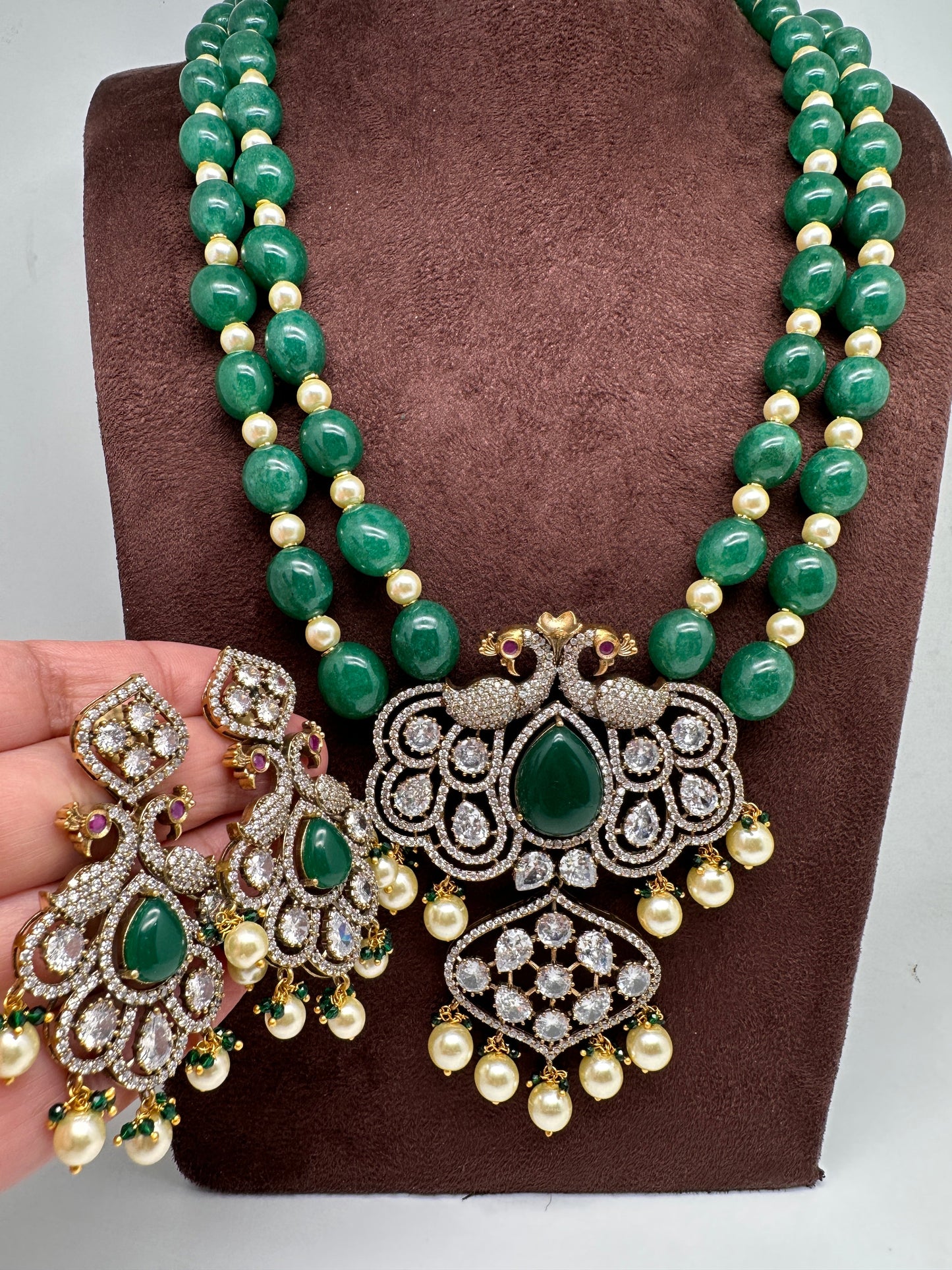 Victorian Moissanite Kundan Peacock Pendent Green Beads Long Necklace