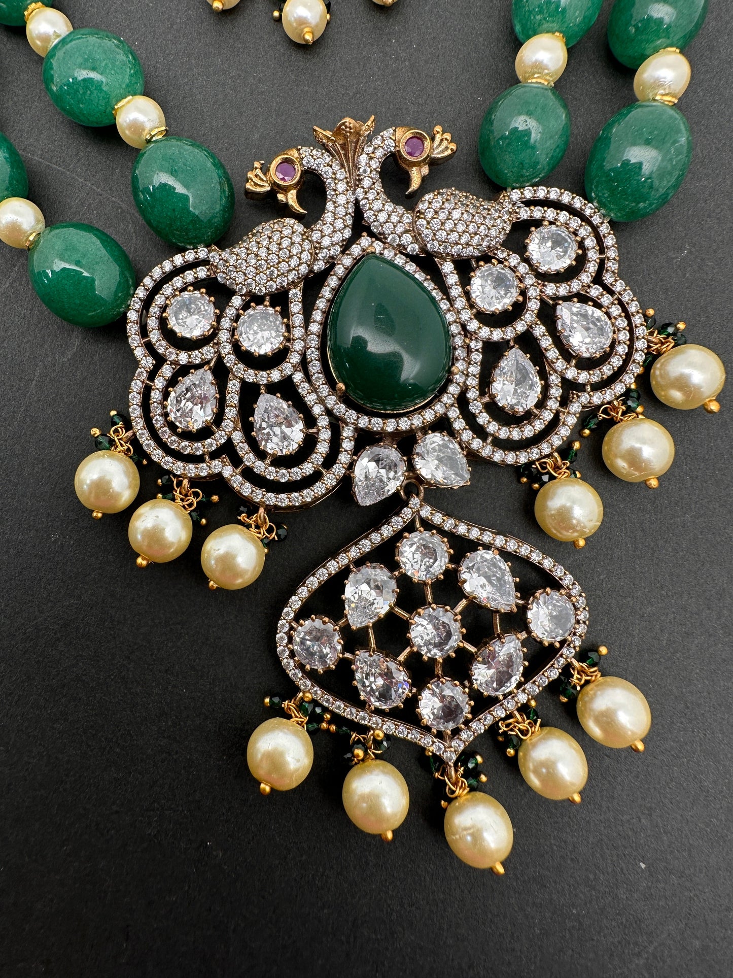 Victorian Moissanite Kundan Peacock Pendent Green Beads Long Necklace