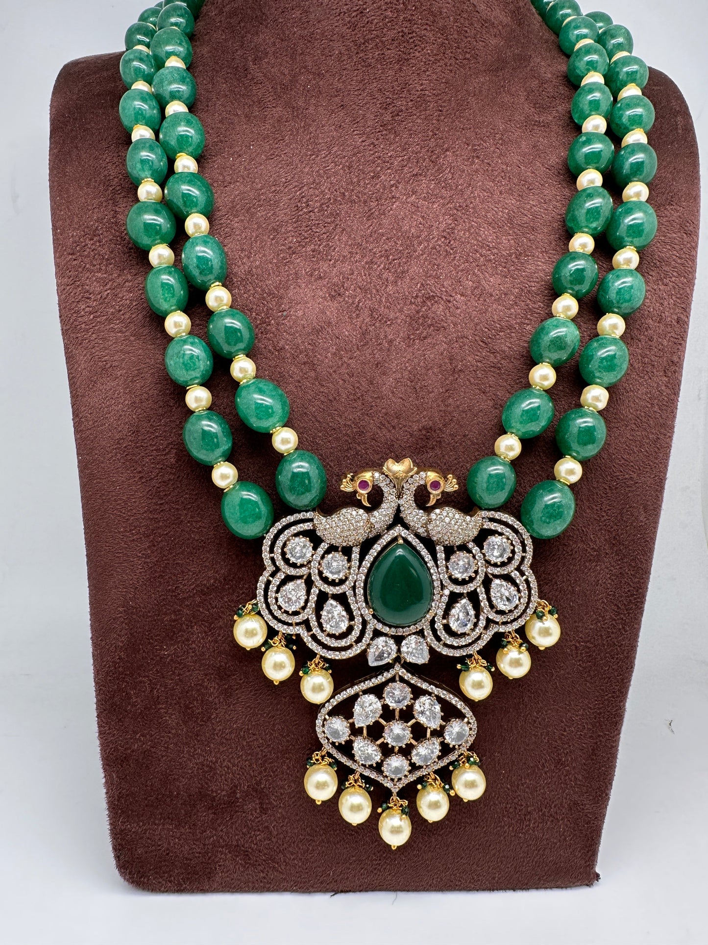 Victorian Moissanite Kundan Peacock Pendent Green Beads Long Necklace