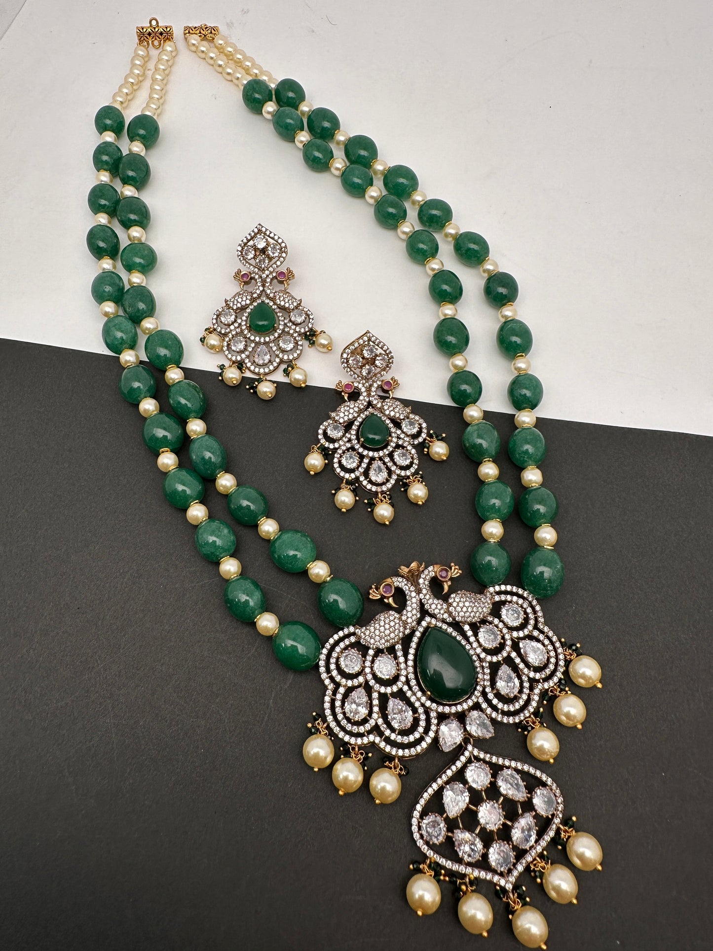 Victorian Moissanite Kundan Peacock Pendent Green Beads Long Necklace