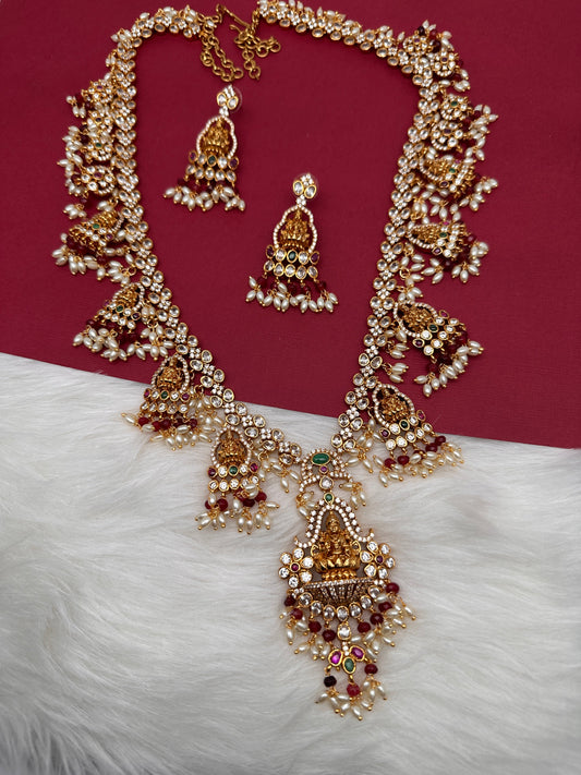 Goddess Lakshmi CZ Color Stone Rice Pearls Guttapusalu Necklace - Red