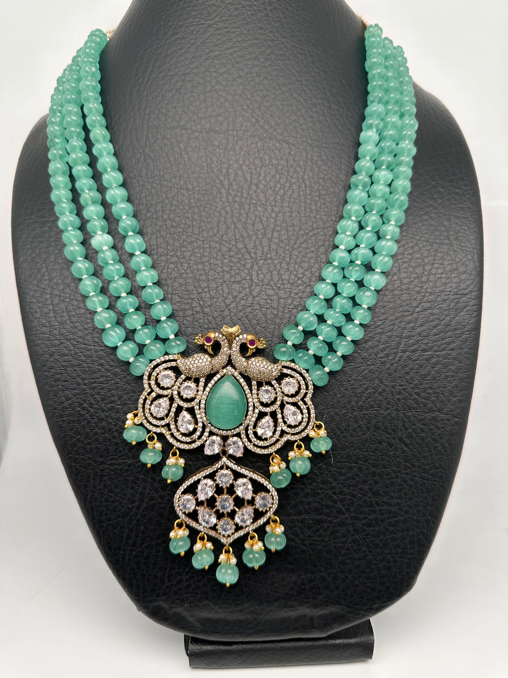 Victorian Moissanite Peacock Pendent Color Beads Long Necklace - Green