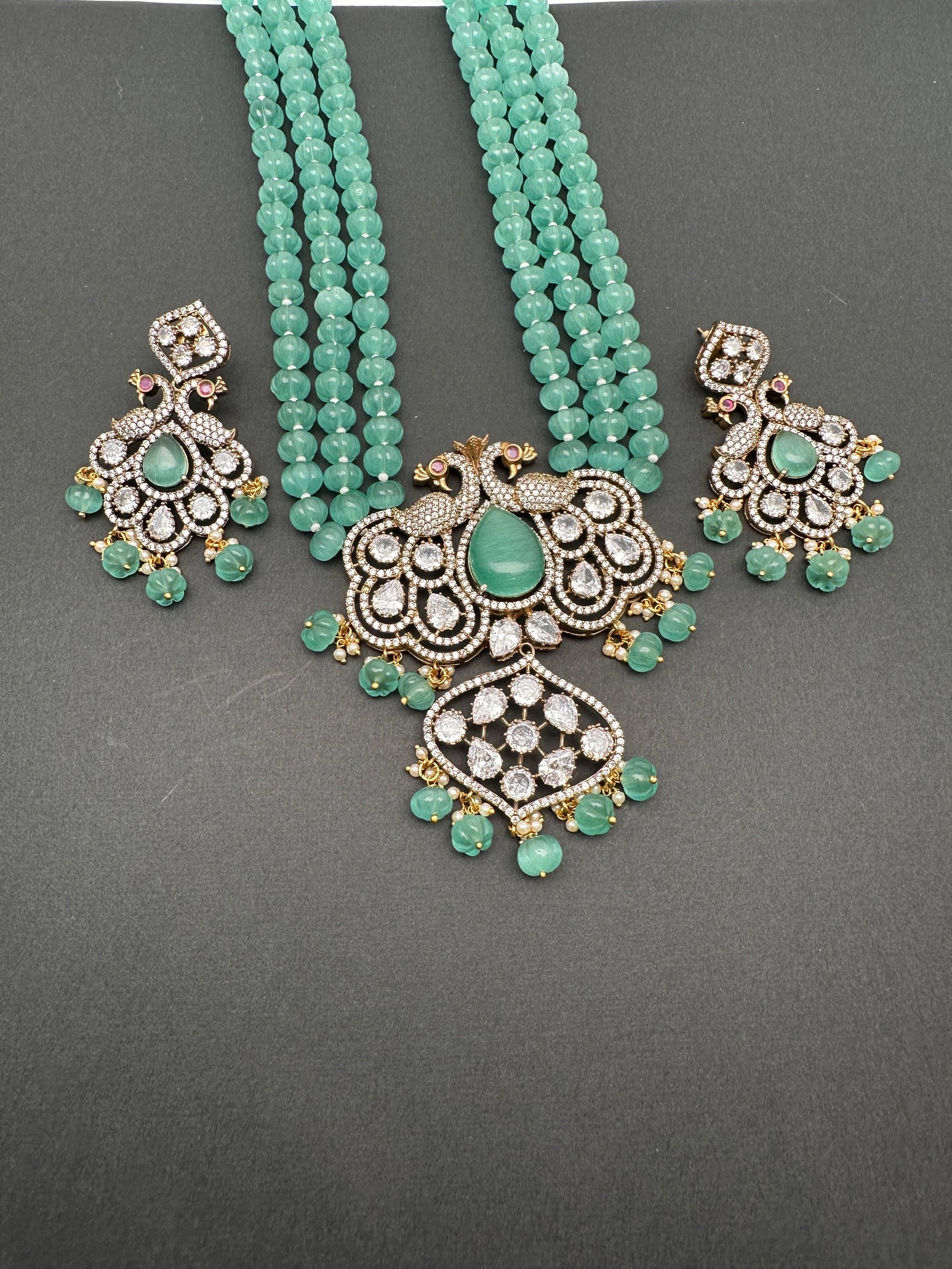 Victorian Moissanite Peacock Pendent Color Beads Long Necklace - Green