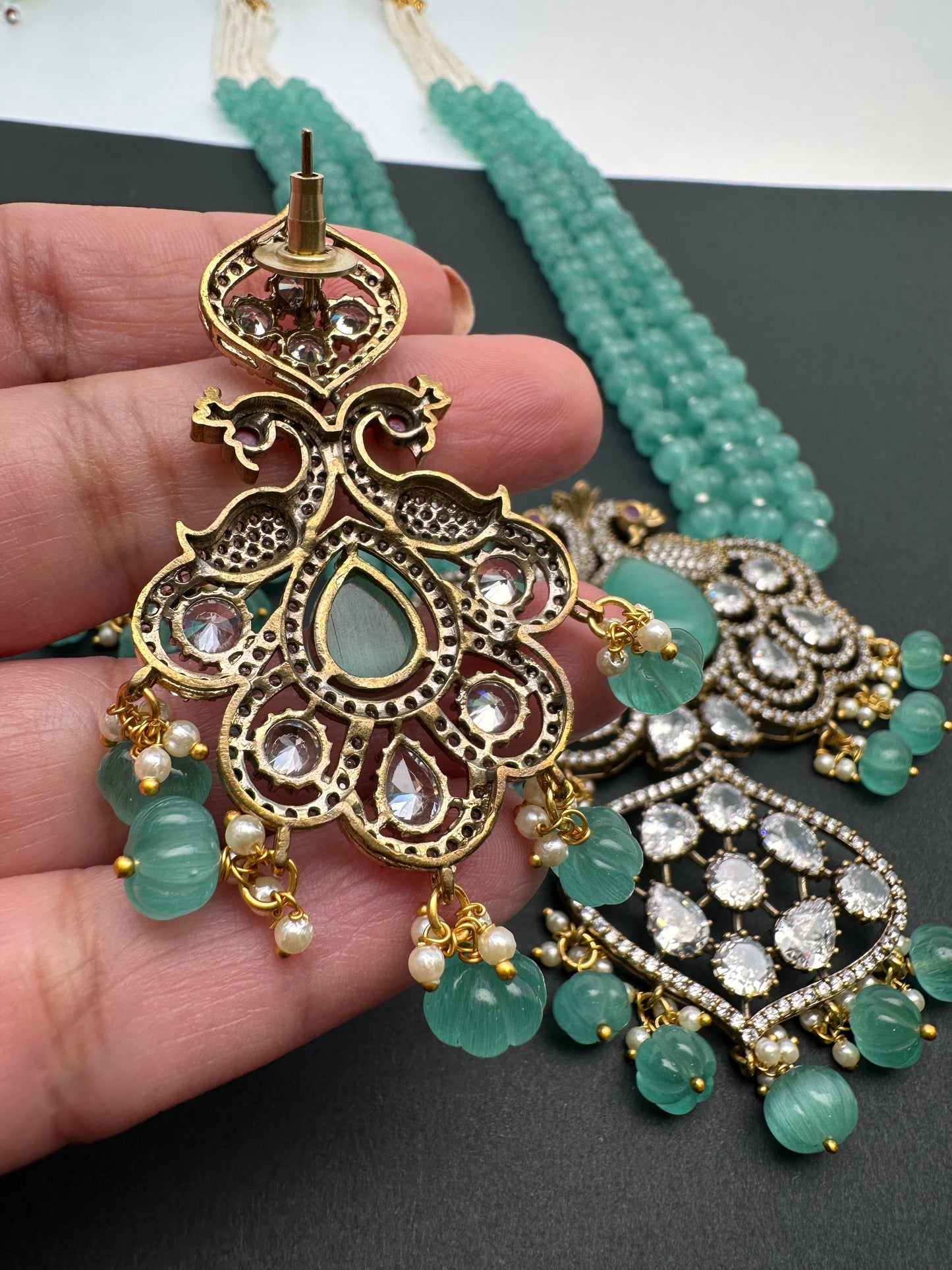 Victorian Moissanite Peacock Pendent Color Beads Long Necklace - Green