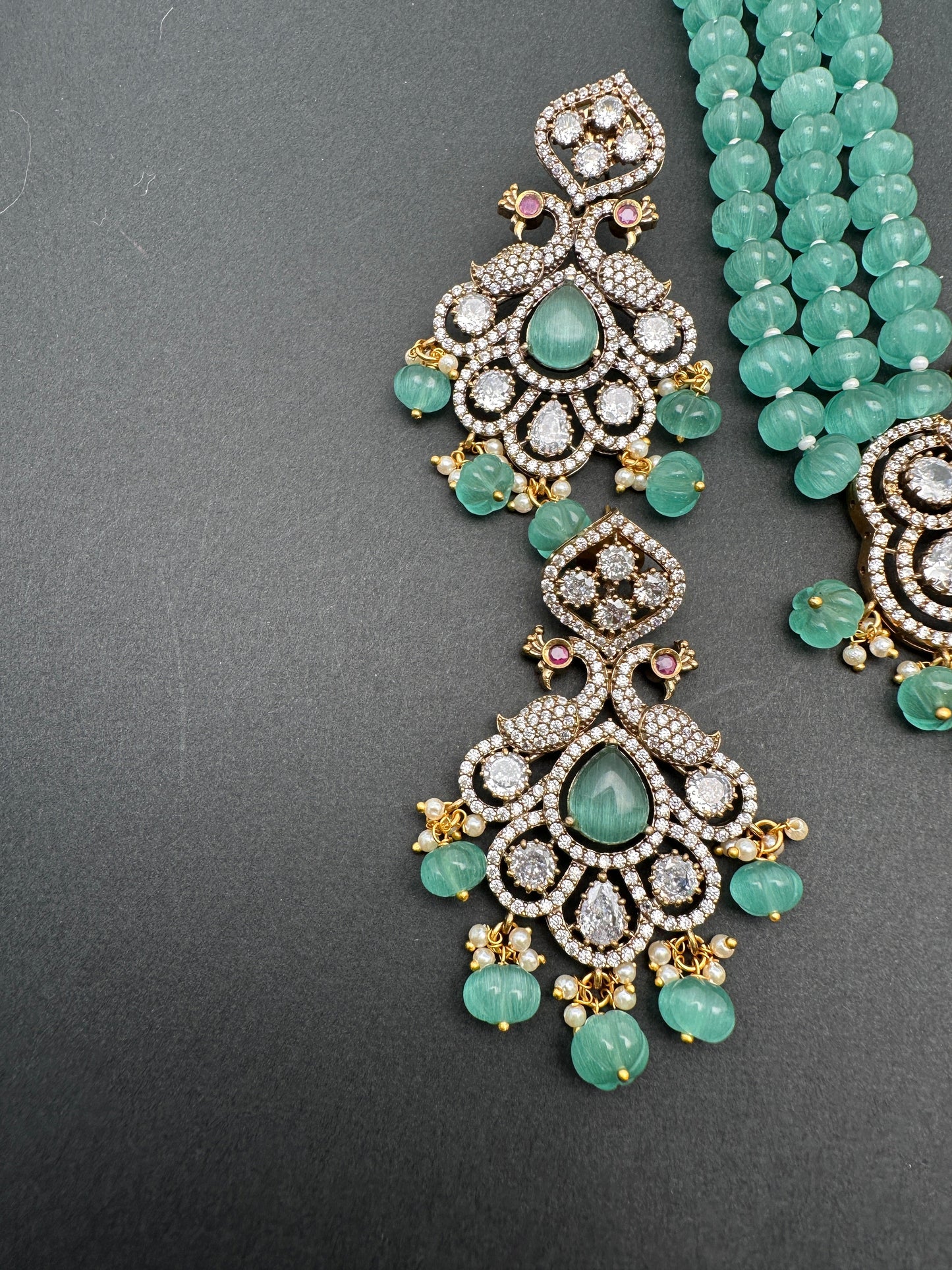 Victorian Moissanite Peacock Pendent Color Beads Long Necklace - Green