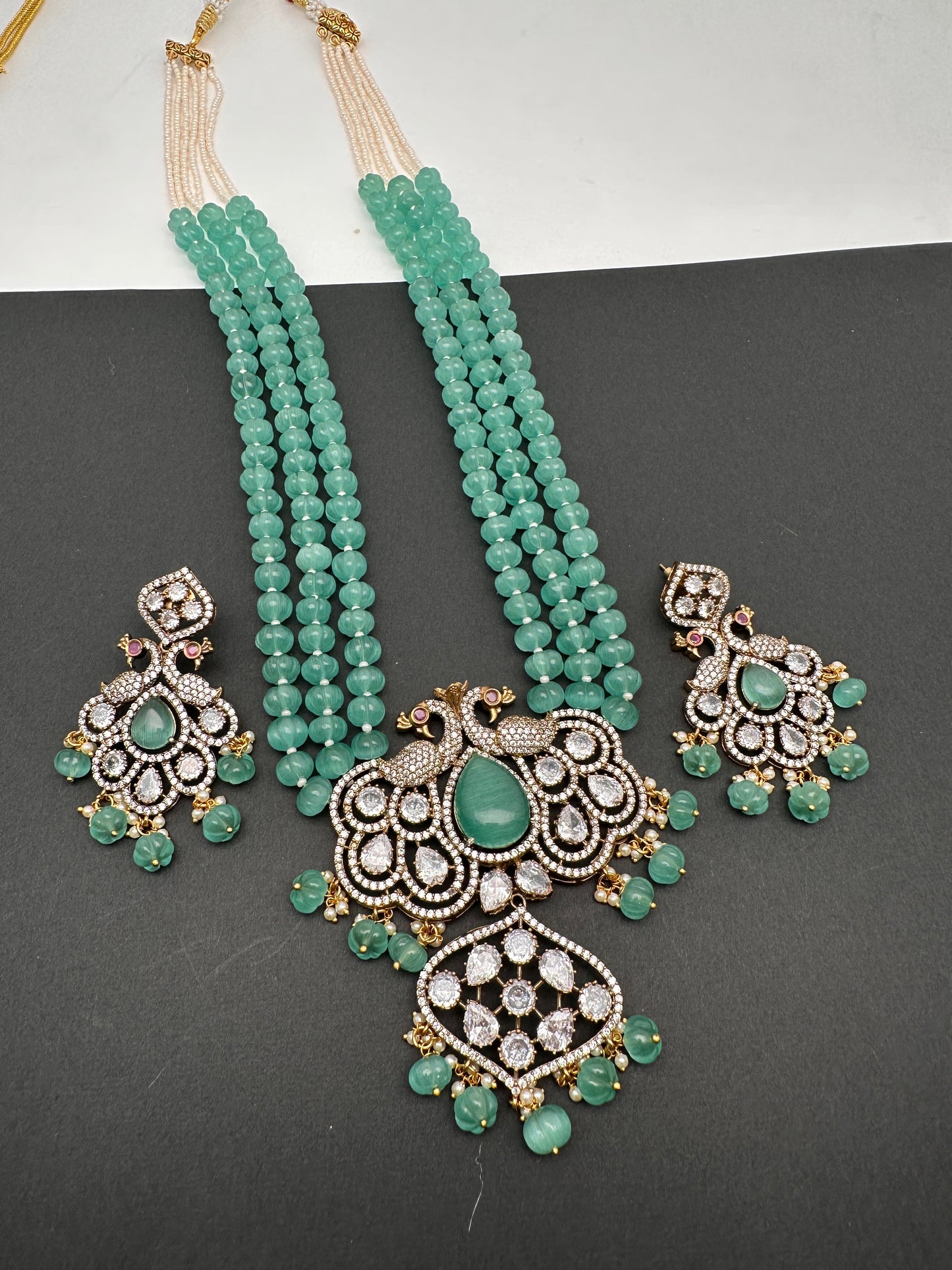 Victorian Moissanite Peacock Pendent Color Beads Long Necklace - Green