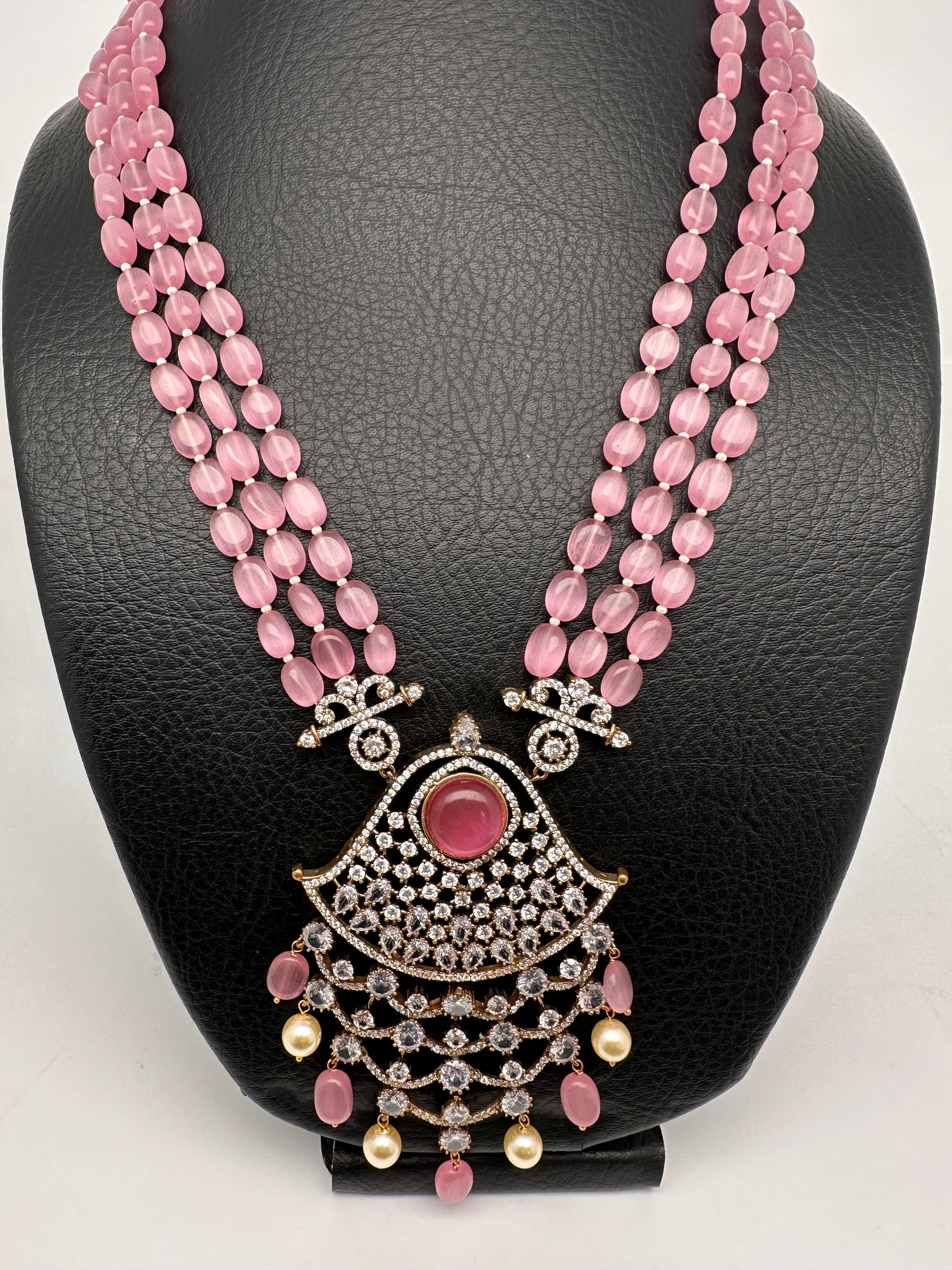 Victorian Moissanite Pendent Color Beads Long Necklace - Pink