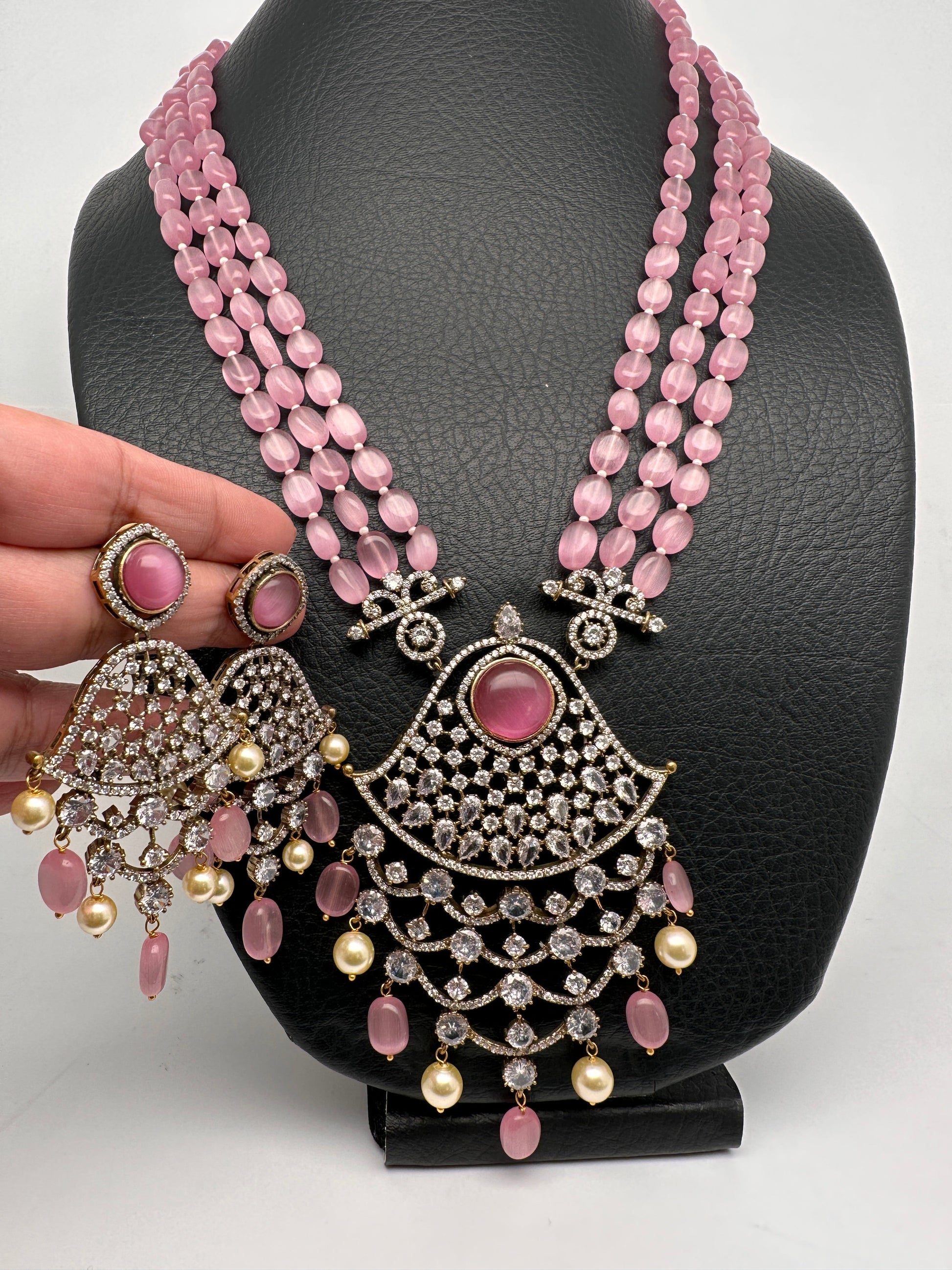 Victorian Moissanite Pendent Color Beads Long Necklace - Pink