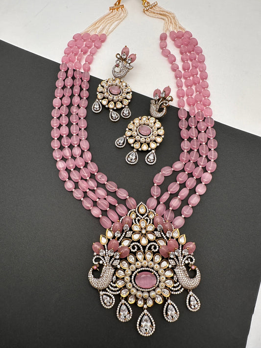 Kundan AD Victorian Peacock Pendent Color Beads Long Necklace - Pink