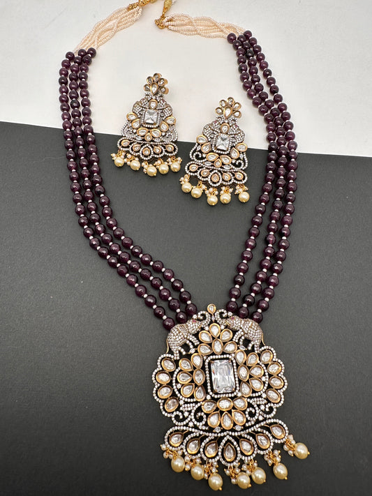 Kundan Moissanite AD Elephant Design Purple Beads Necklace