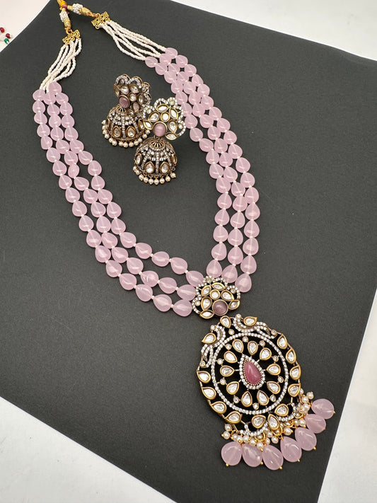 Kundan Moissanite AD Pink Beads Necklace