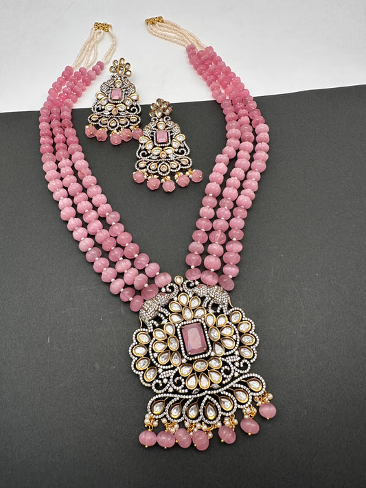 Kundan Moissanite AD Pink Beads Necklace