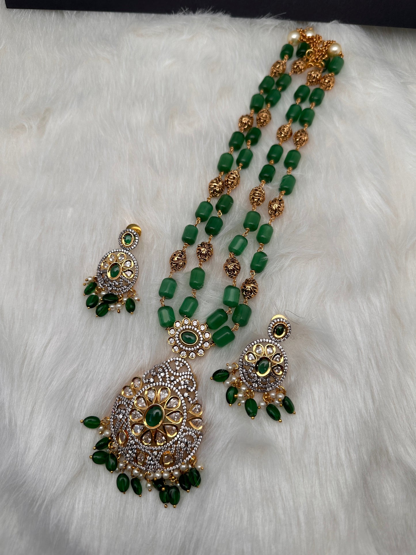 Kundan AD Green Beads Nakshi Balls TarMala Necklace