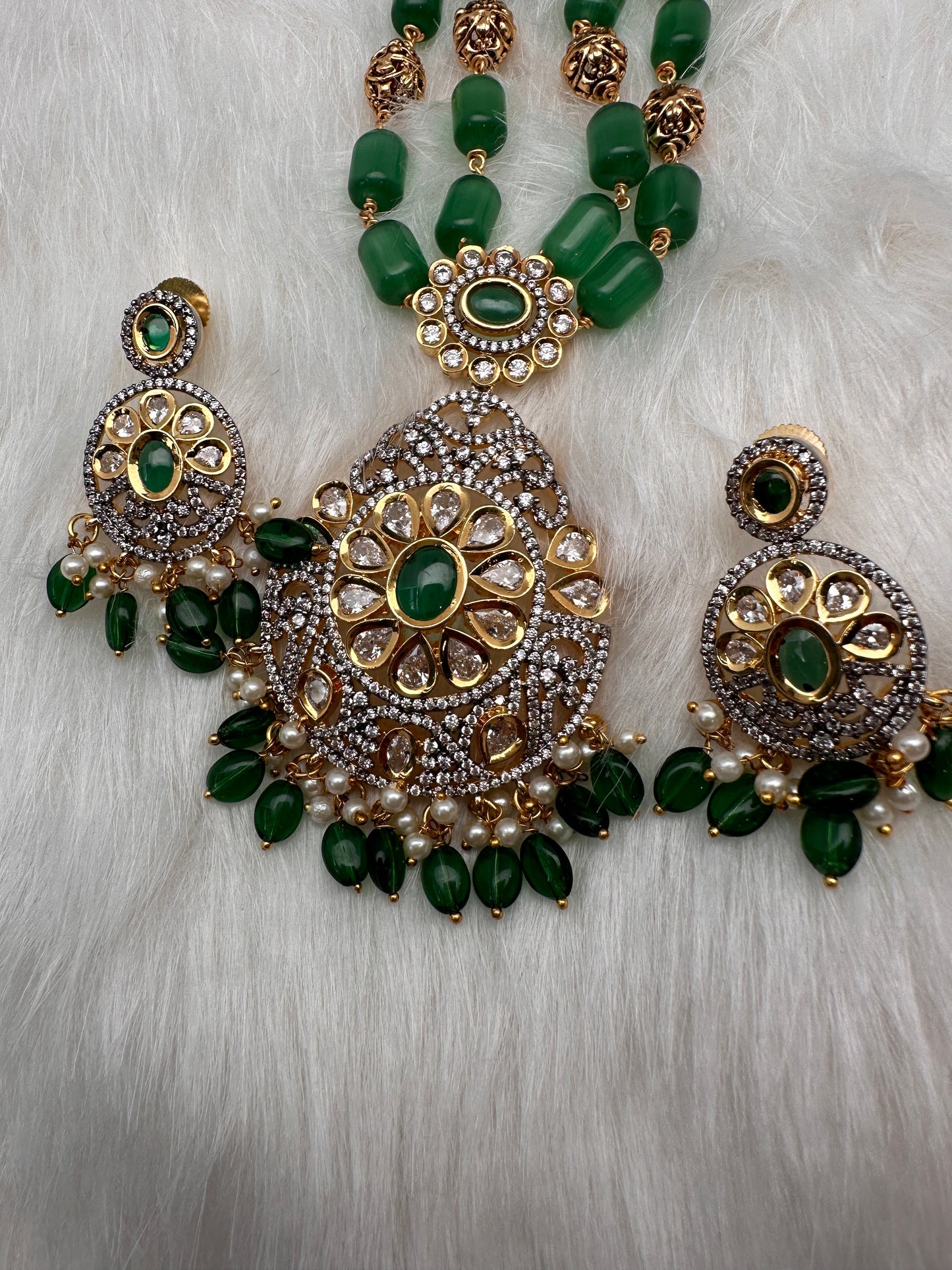 Kundan AD Green Beads Nakshi Balls TarMala Necklace