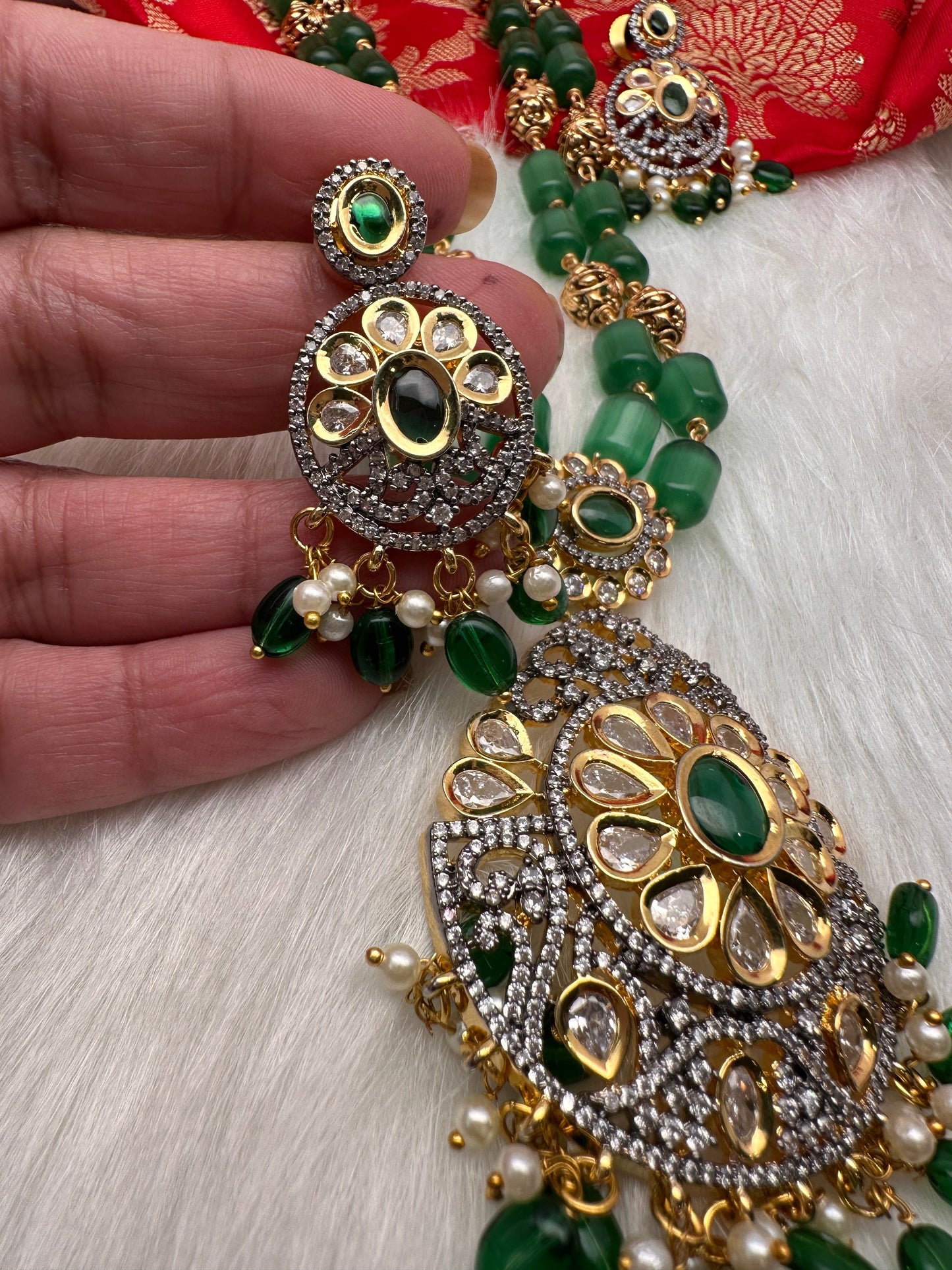 Kundan AD Green Beads Nakshi Balls TarMala Necklace