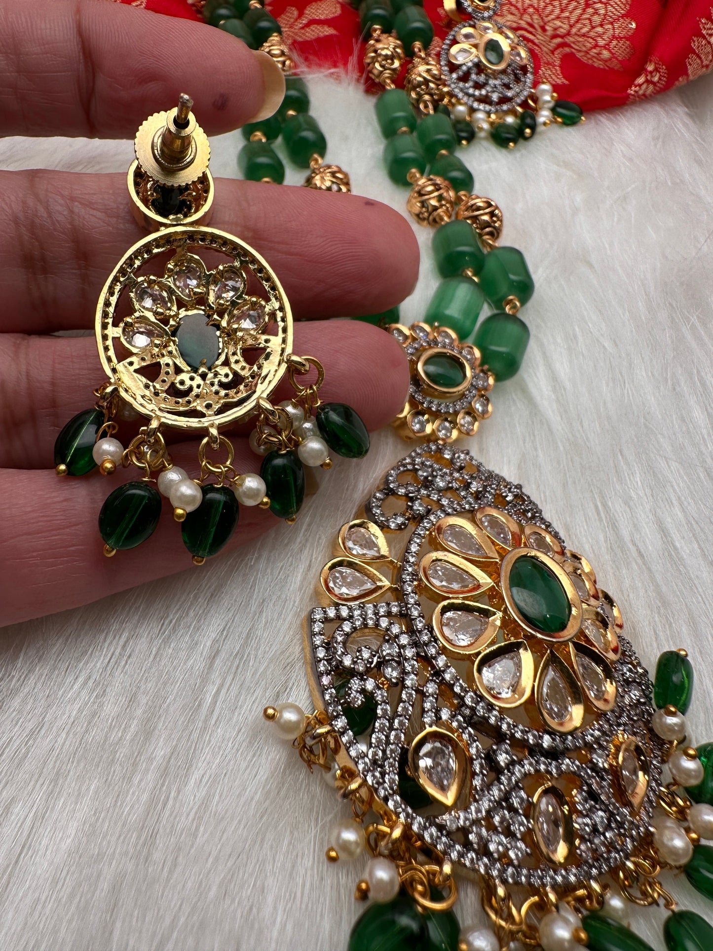 Kundan AD Green Beads Nakshi Balls TarMala Necklace