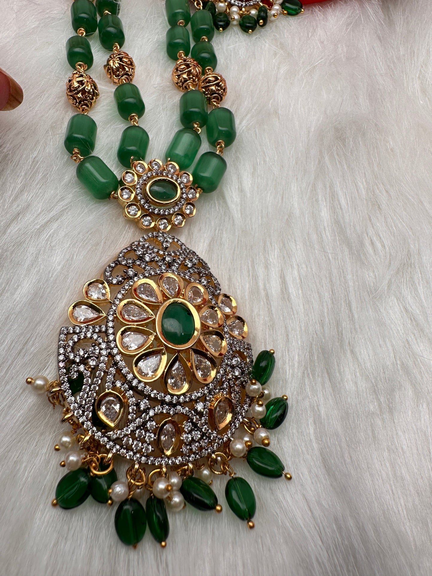 Kundan AD Green Beads Nakshi Balls TarMala Necklace