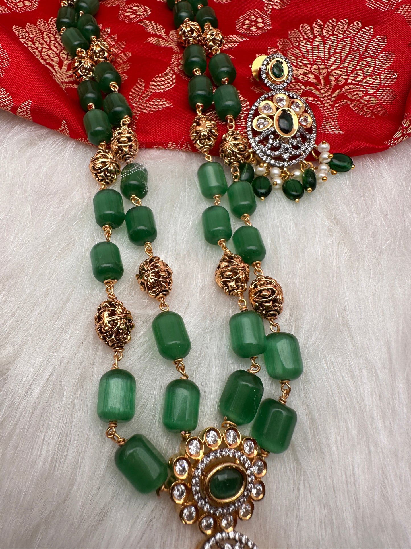 Kundan AD Green Beads Nakshi Balls TarMala Necklace