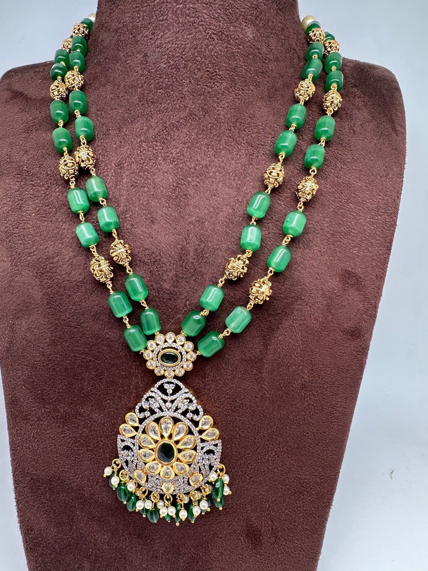 Kundan AD Green Beads Nakshi Balls TarMala Necklace