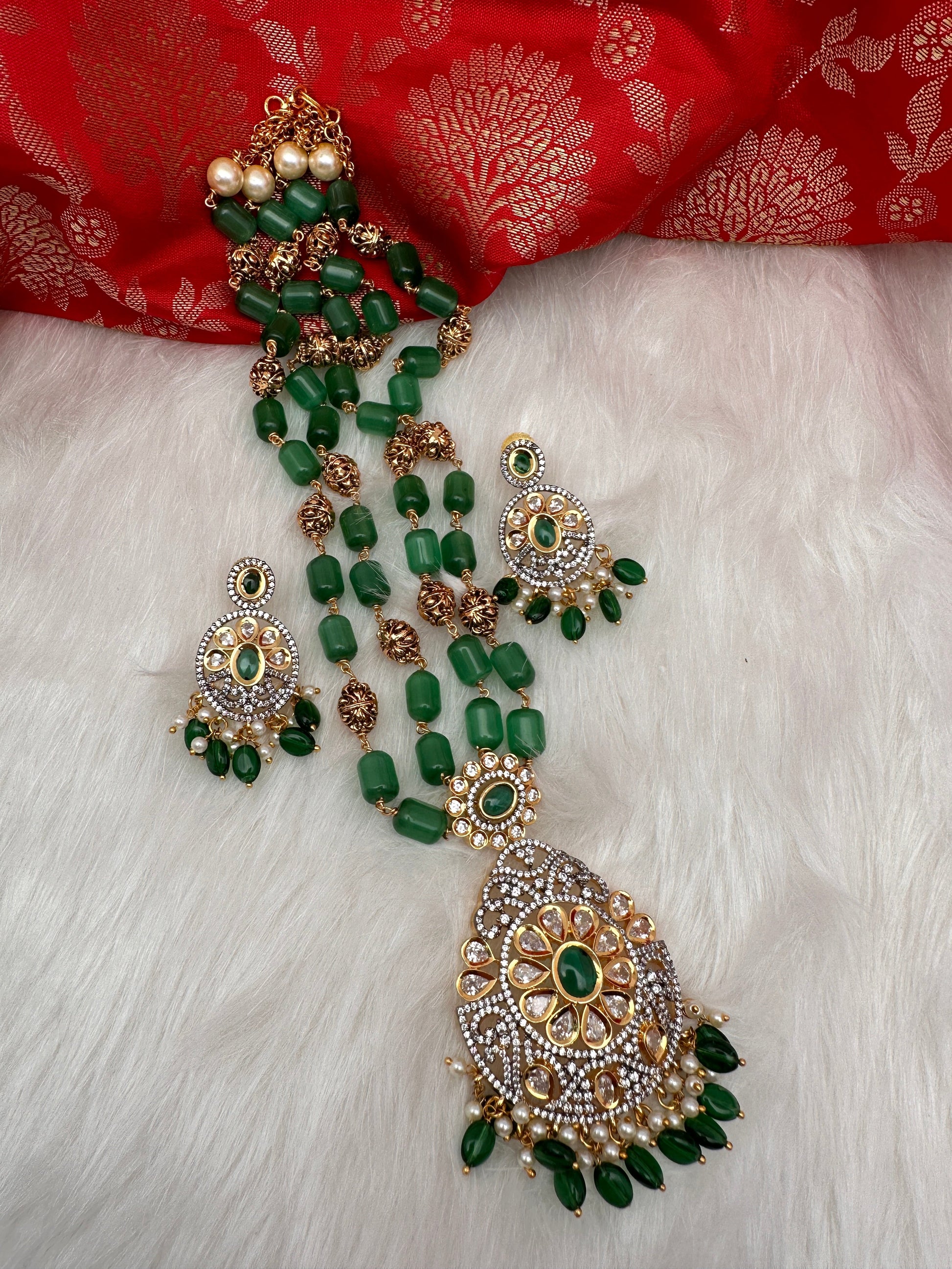 Kundan AD Green Beads Nakshi Balls TarMala Necklace