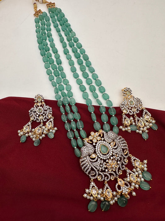 AD Mint Green Beads Peacock Pattern Necklace