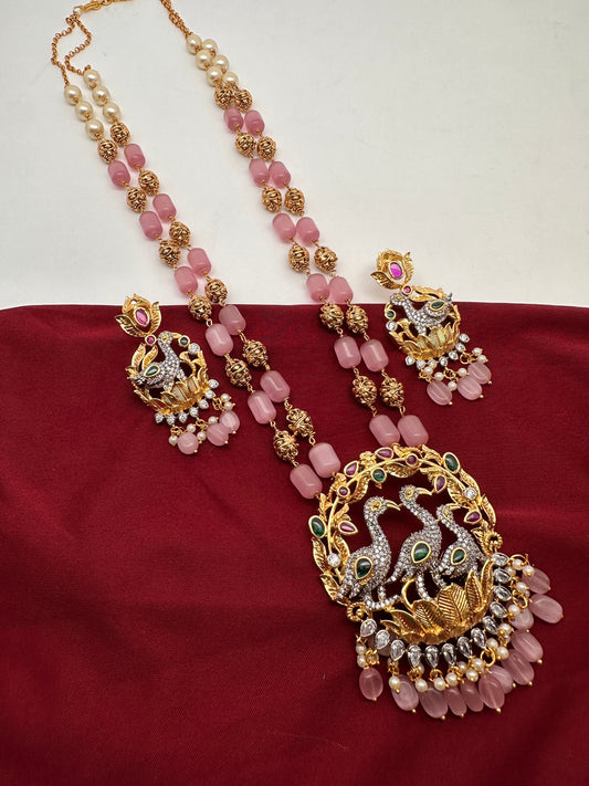 Birdie Dual Tone Nakshi Tar Mala Beads Necklace - Pink