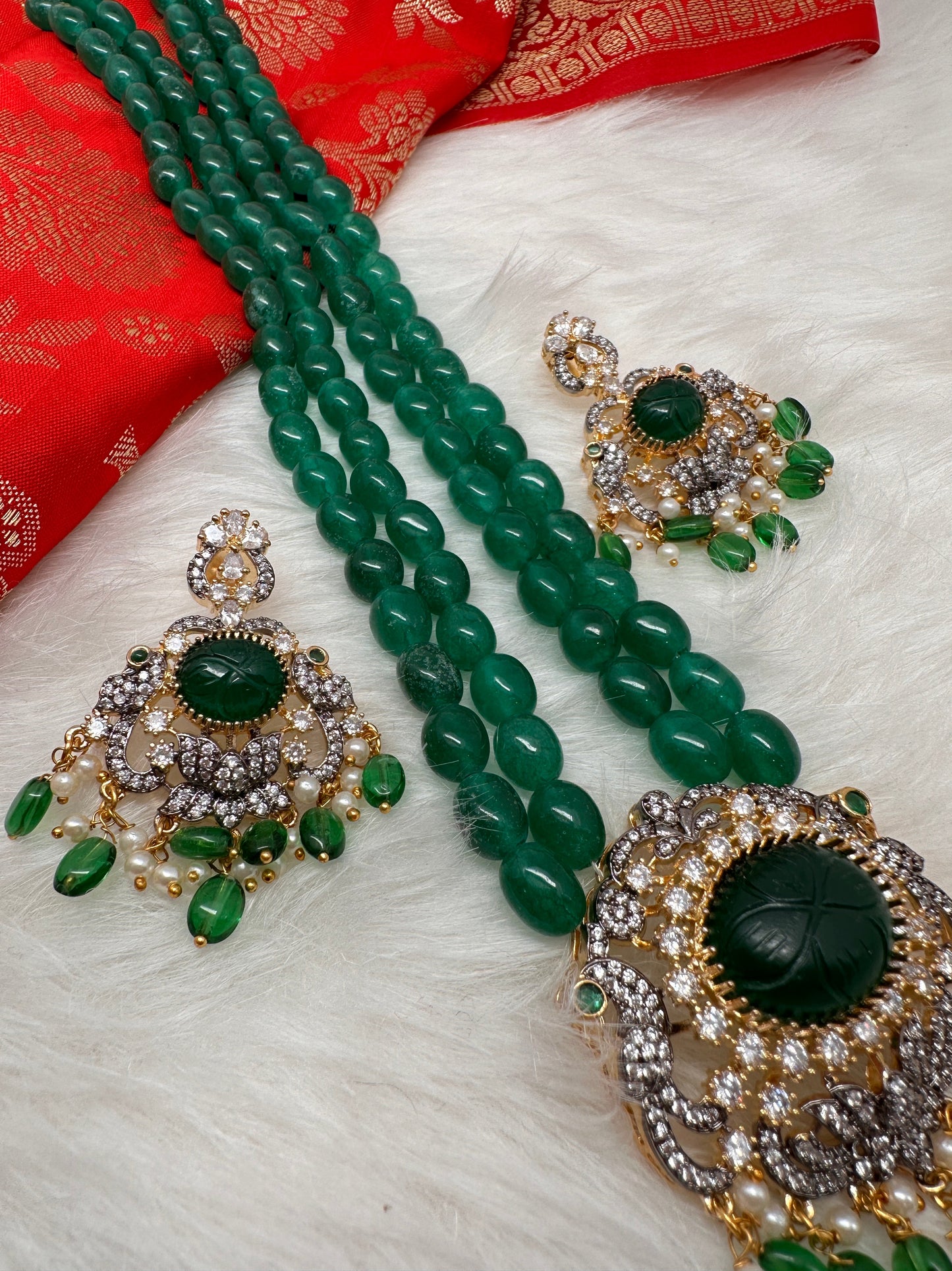 AD Color Beads Long Necklace - Green