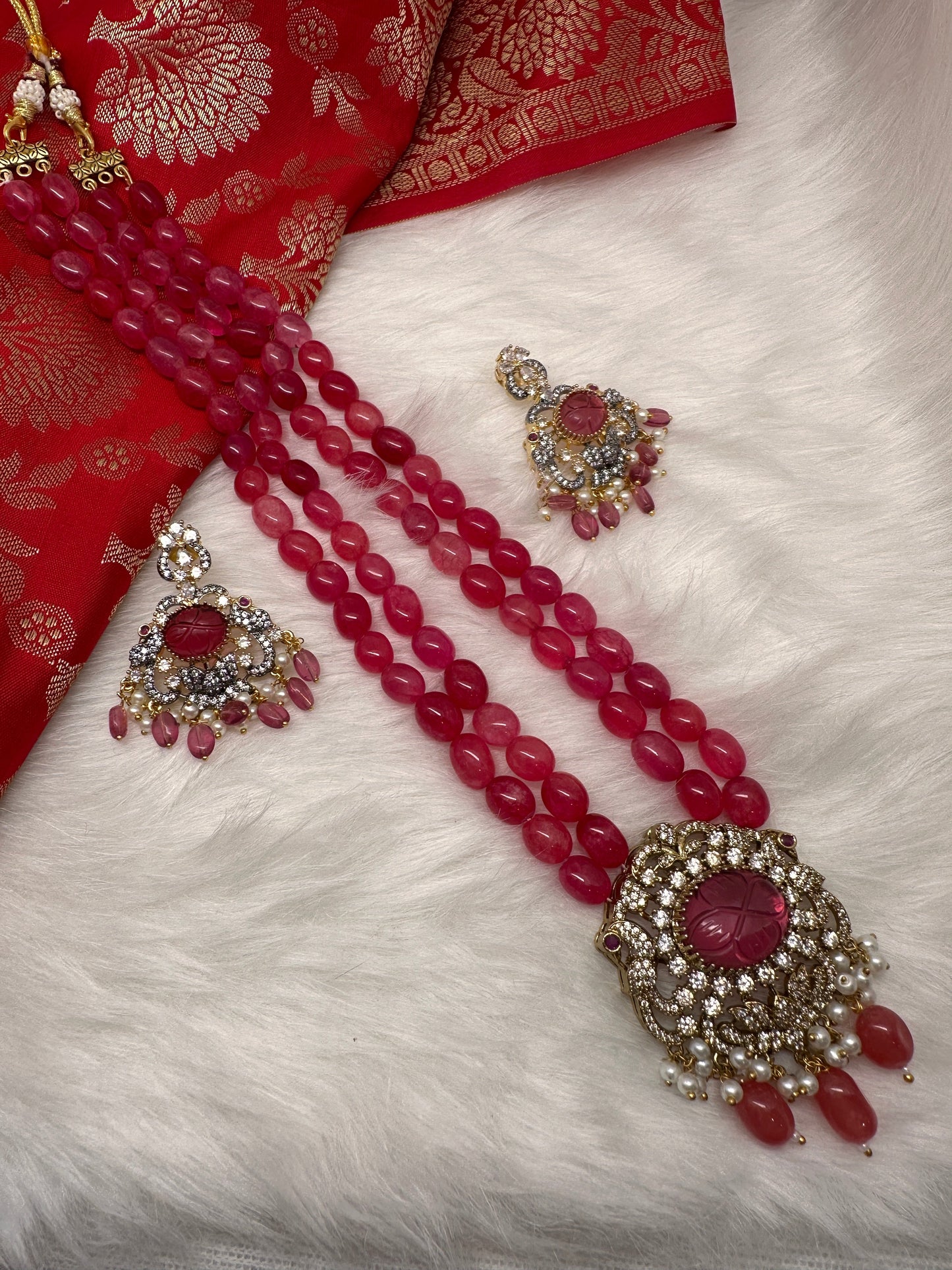 AD Color Beads Long Necklace - Pink