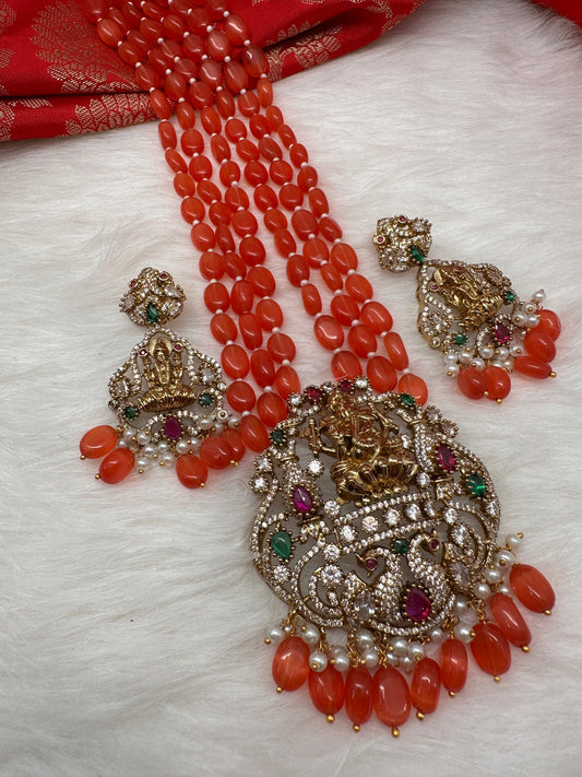 AD Ganesha Pendent Goddess Lakshmi Earrings Orange Beads Necklace