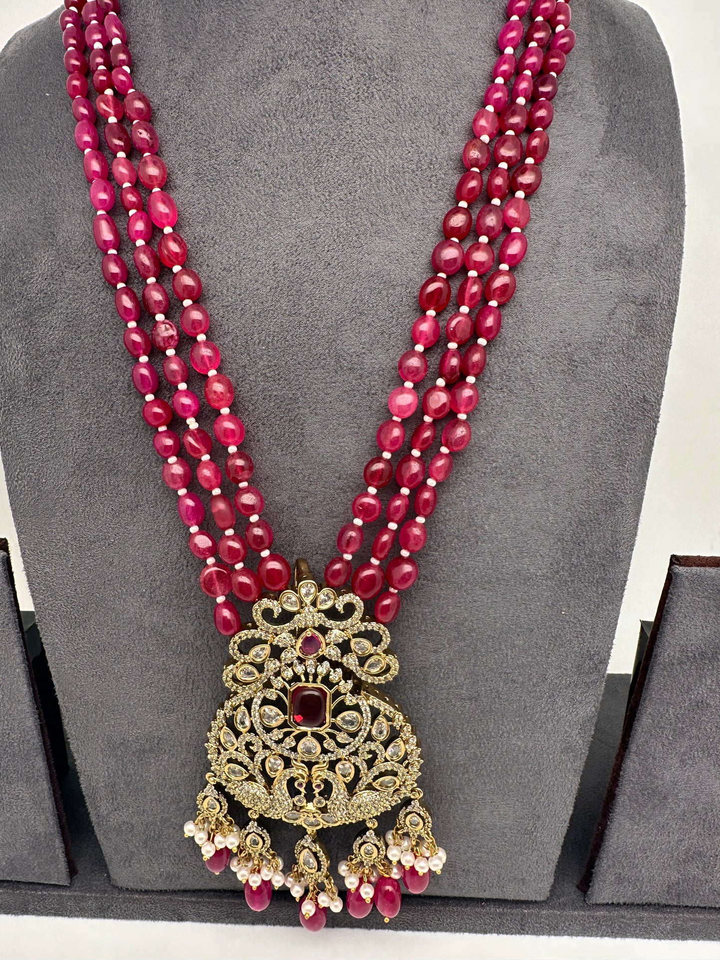 Peacock Design Victorian Pendent Pink Beads Necklace