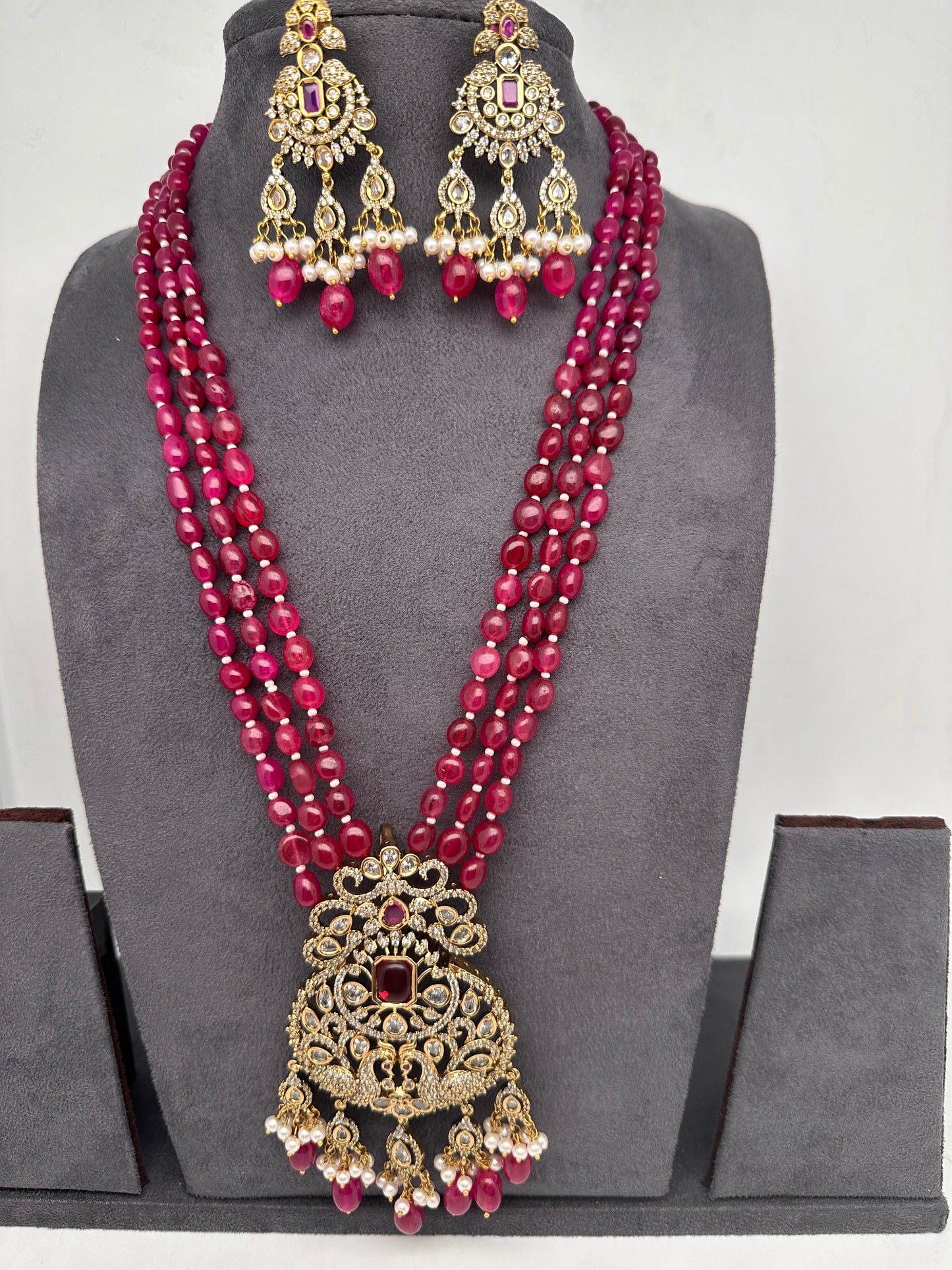 Peacock Design Victorian Pendent Pink Beads Necklace