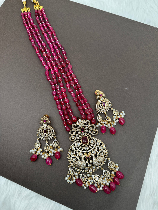 Peacock Design Victorian Pendent Pink Beads Necklace