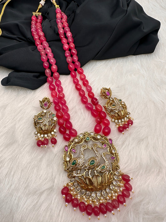 Bird Design Victorian Pendent Pink Beads Necklace